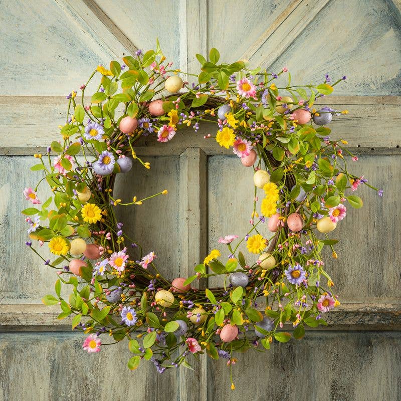 Mixed Spring Flower Wreath With Eggs On A Twig Base, 10 In