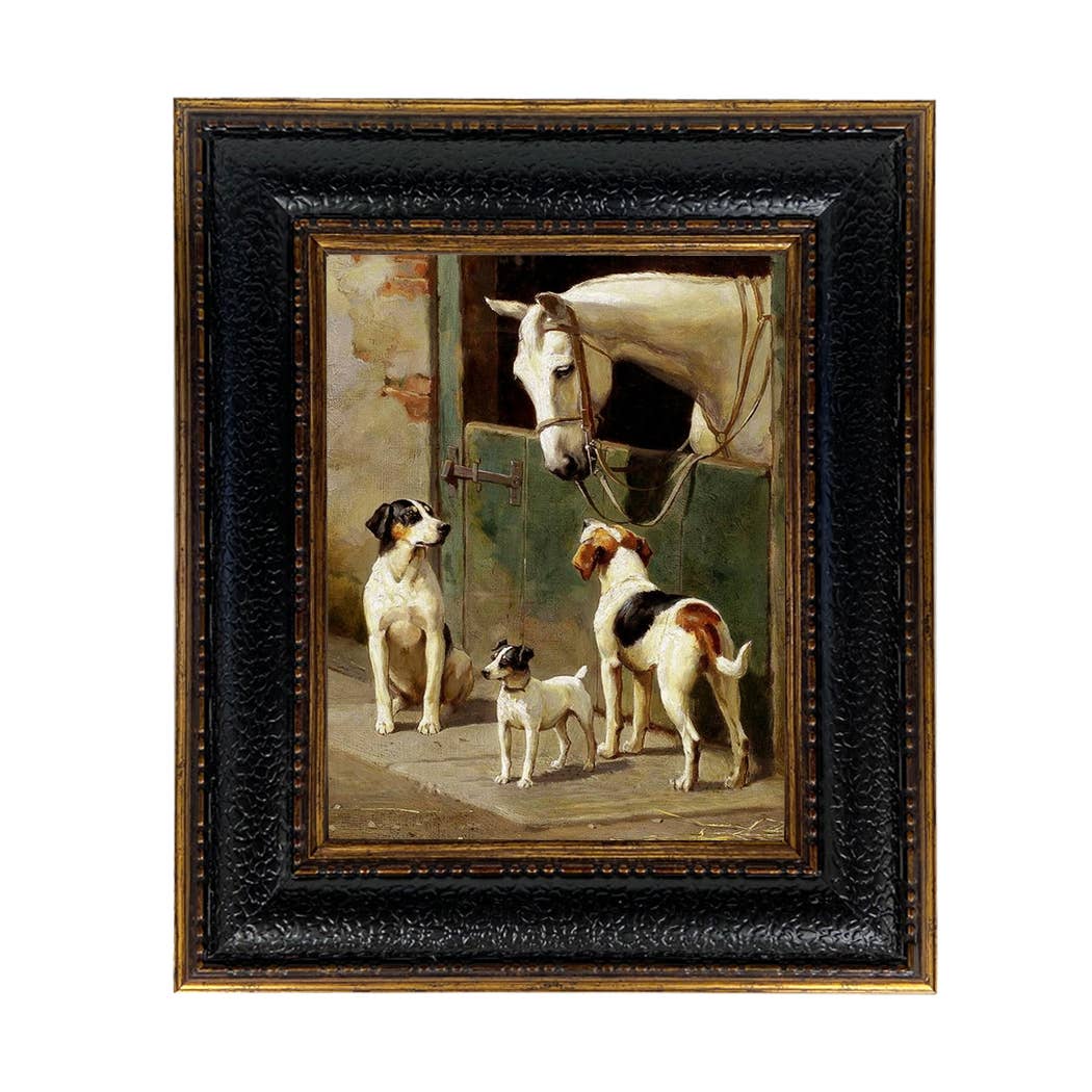 Dog and Horse at Stable Framed Painting Print on Canvas: Leather-look Black/Antiqued Gold / 5" x 6"