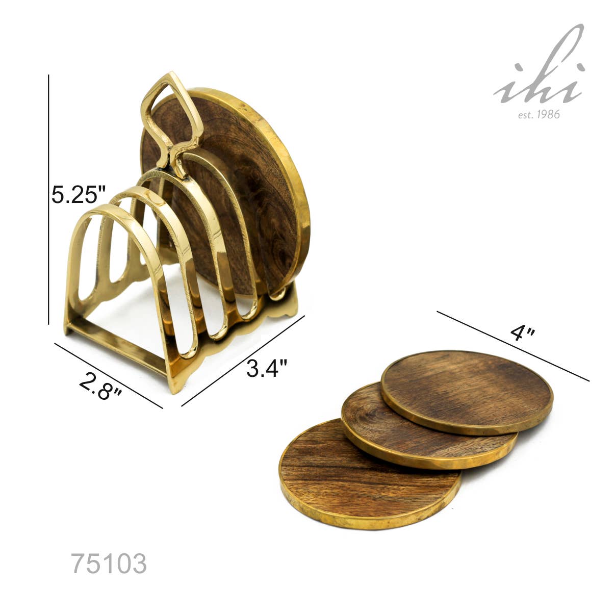 Gold Edge Wood Coaster Set w/ Brass Stand, Set of 4