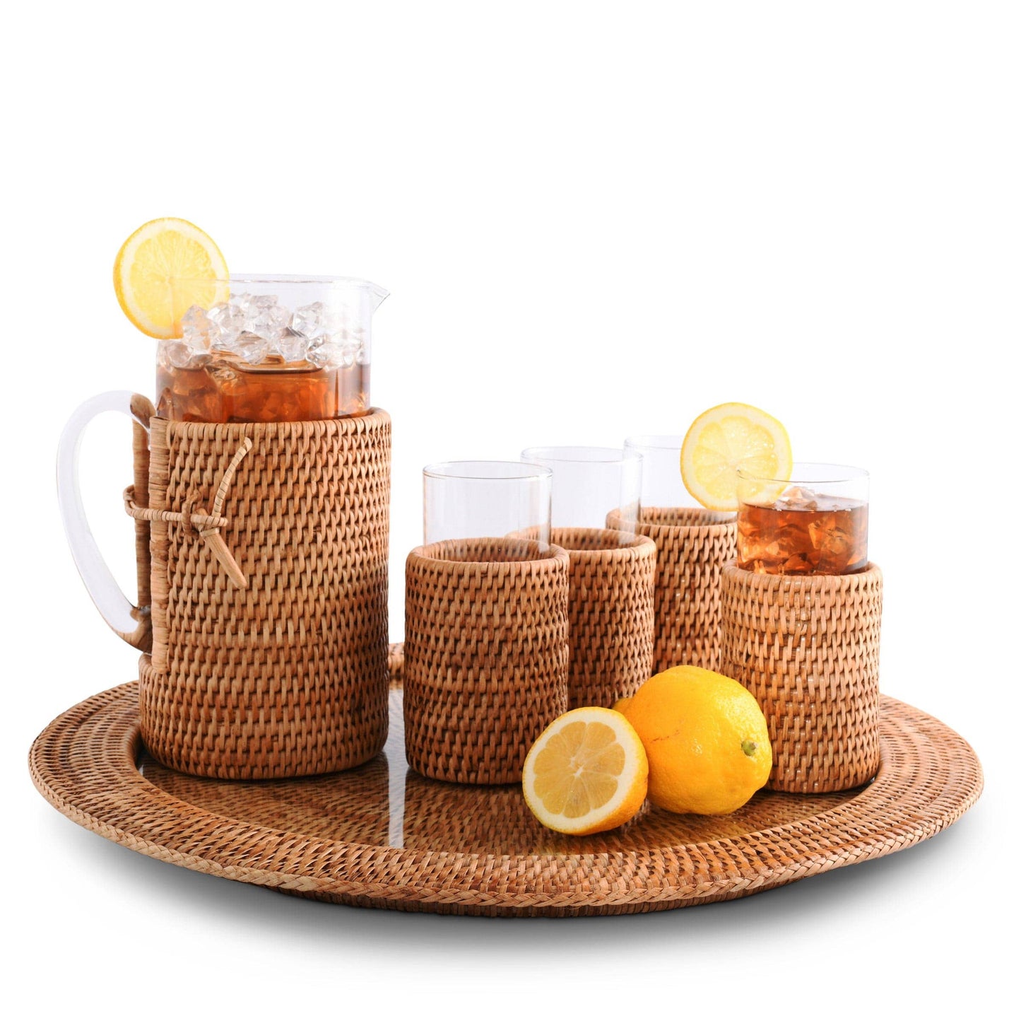 Round Serving Tray Hand Woven Wicker Rattan - Glass Insert