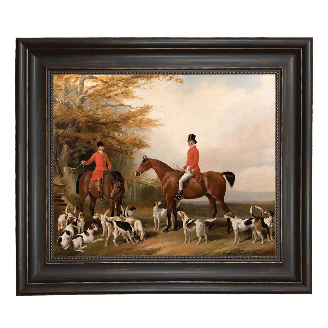 The Meeting Fox Hunt Scene Vintage Painting Print on Canvas: Gold Florentine Leaf / 8" x 10"