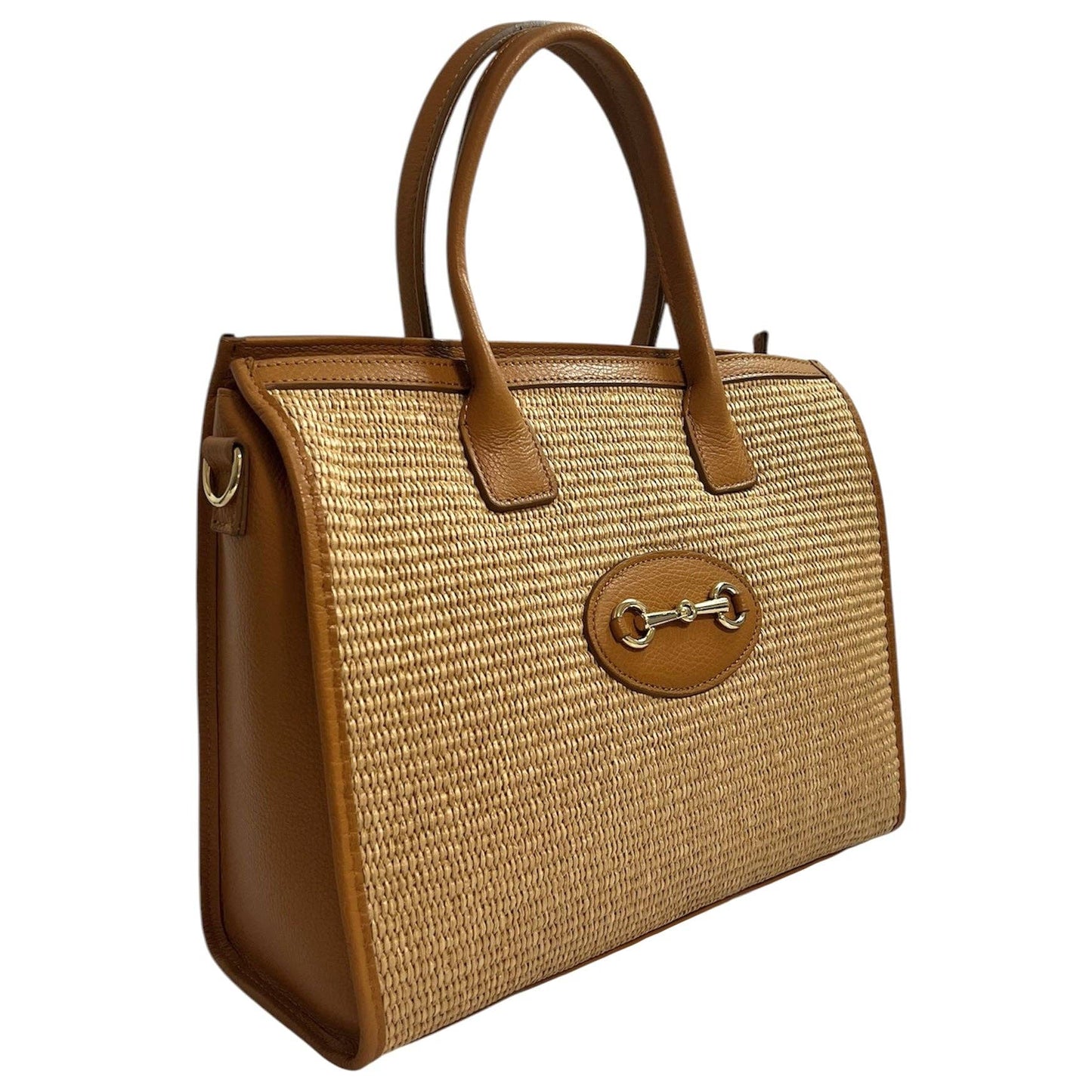 Modarno Shopper Shoulder Bag genuine leather and raffia 27x12x22: Leather