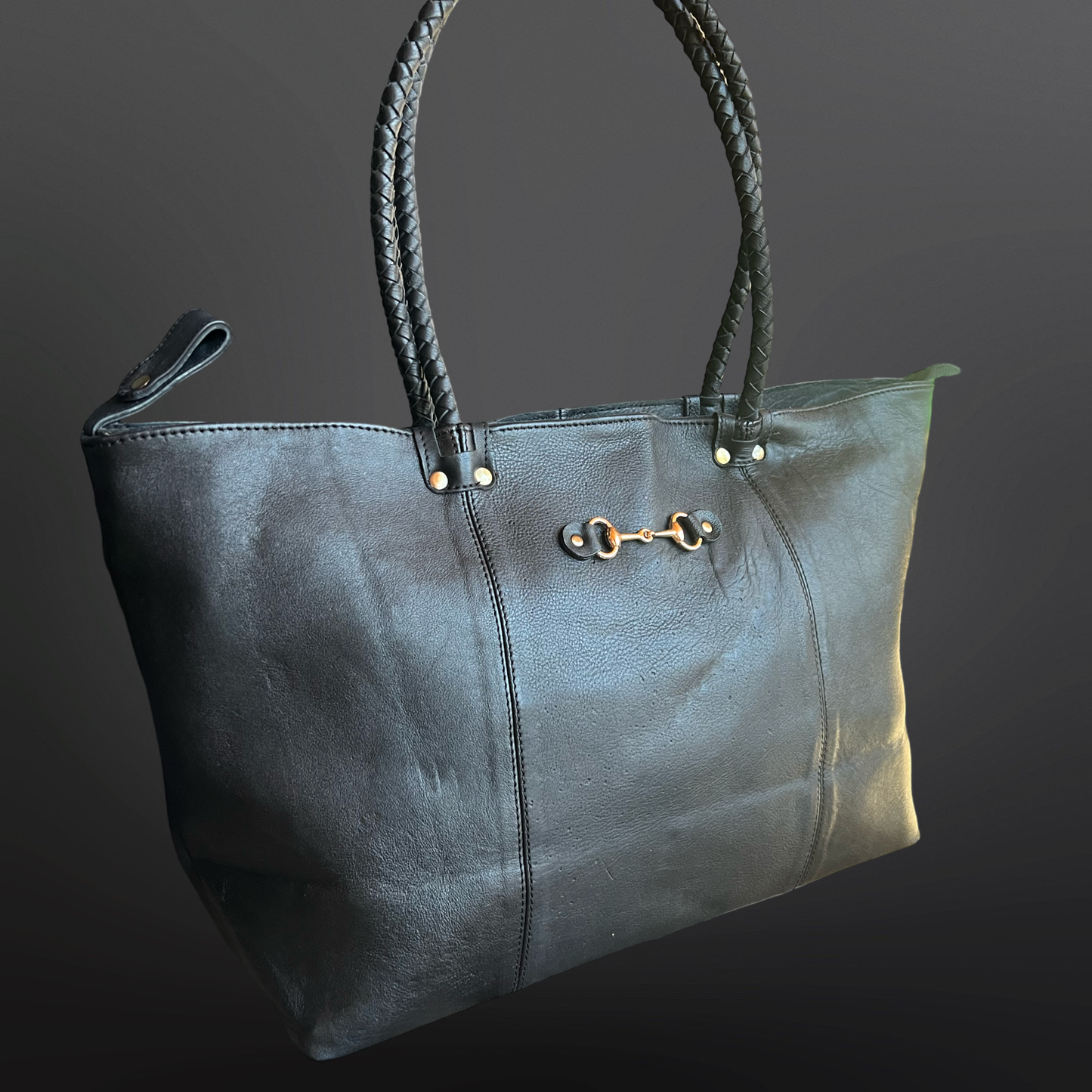 Equestrian Snaffle Bit Leather Tote Bag Purse Black