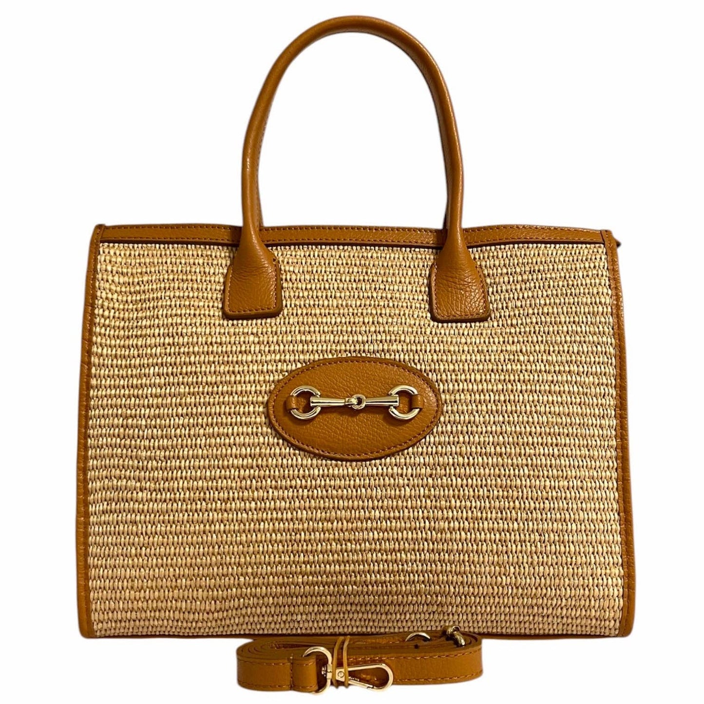 Modarno Shopper Shoulder Bag genuine leather and raffia 27x12x22: Leather