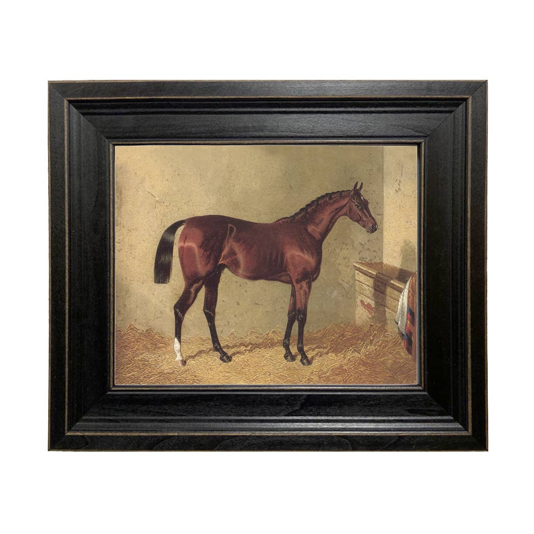 Bay Colt in Stable Framed Oil Painting Print on Canvas: 5" x 6"