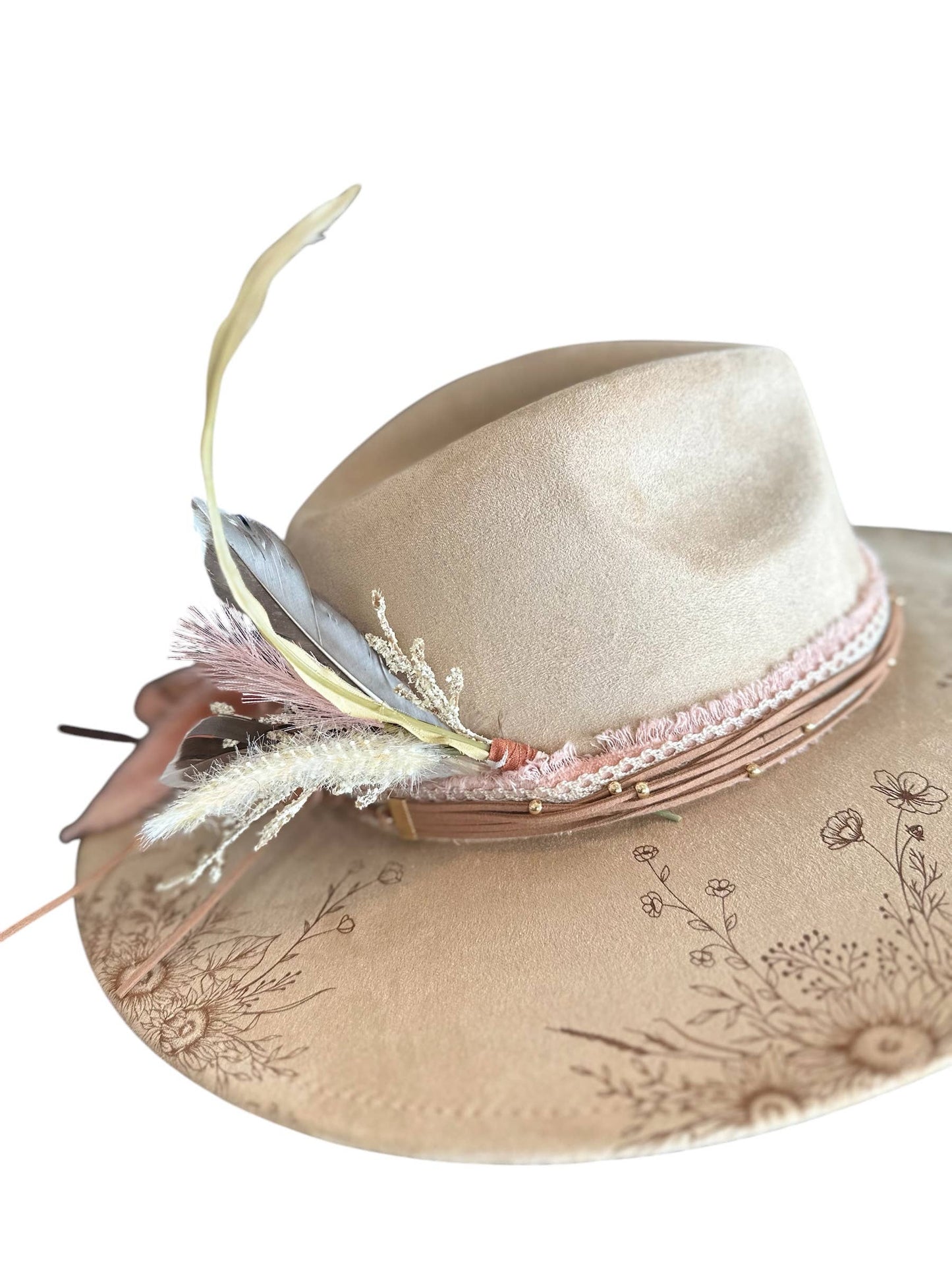 Suede Rancher Hat, Cowboy Hat | Sunflower Floral Brim: Grey