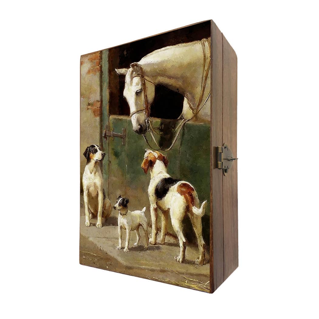 Dog and Horse at Stable Decorative Solid Wood Trinket Boxes: Wood and glass