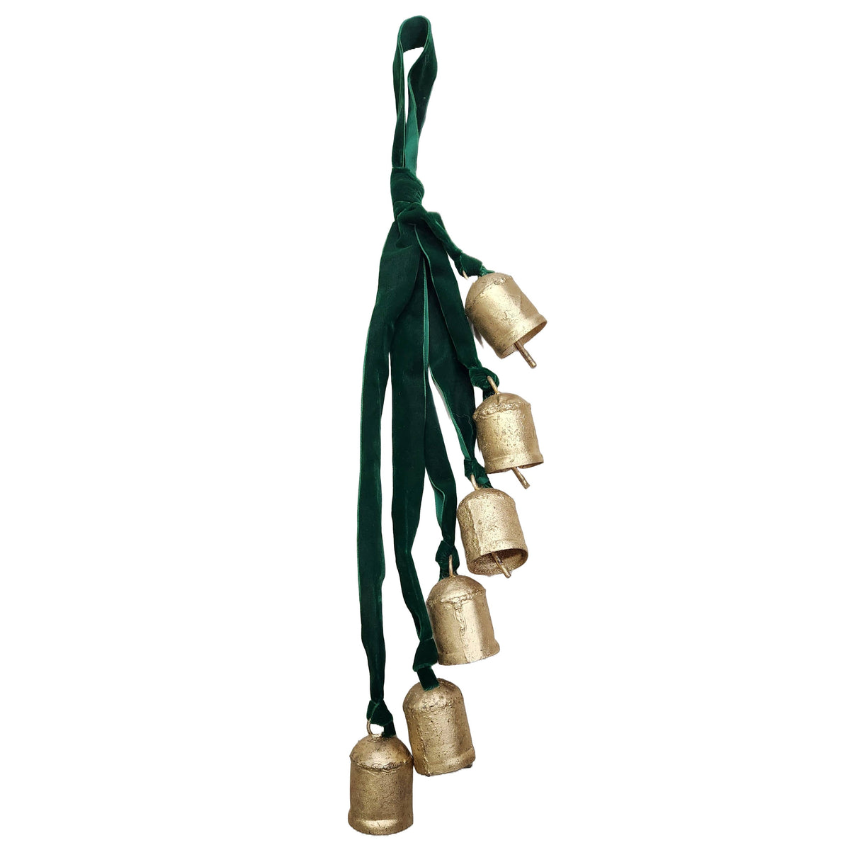 Set of 5 metal bells tied with deep green velvet ribbon