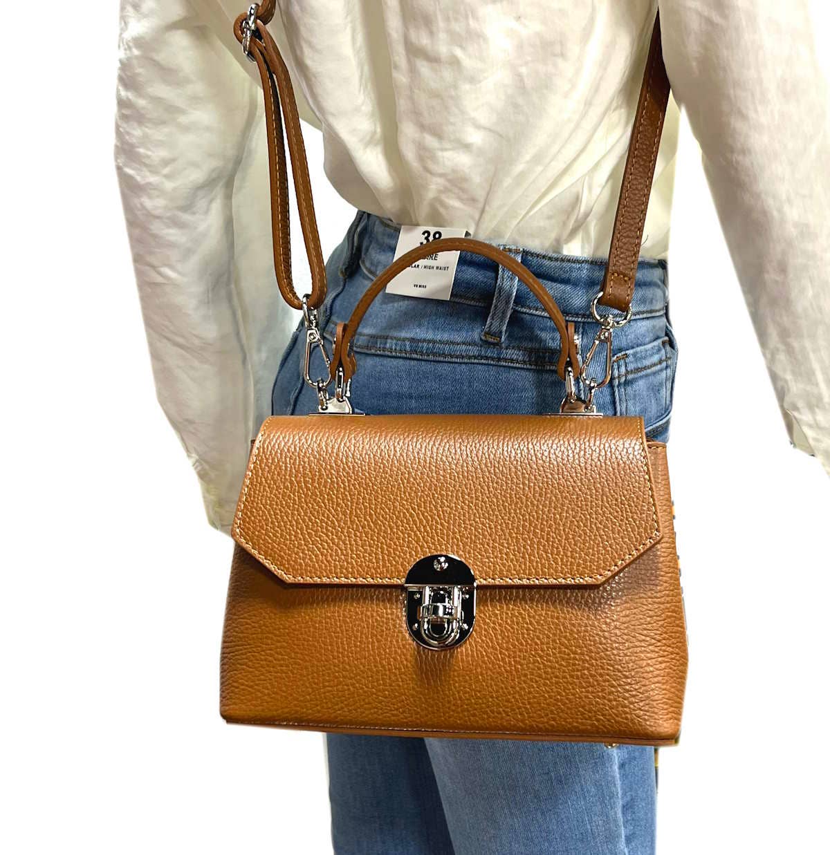 Genuine leather shoulder bag, for women, made in Italy ~ Camel