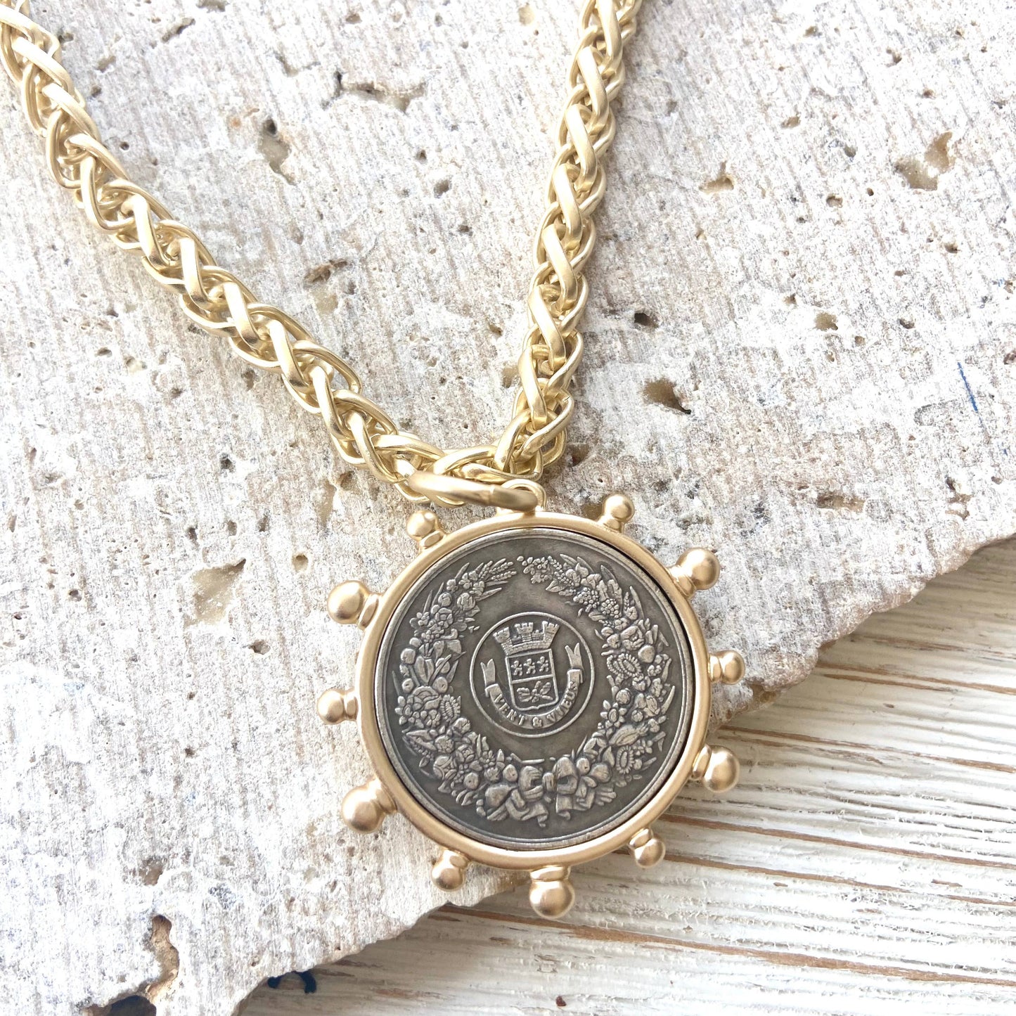 Matte Gold French Bee Coin Necklace