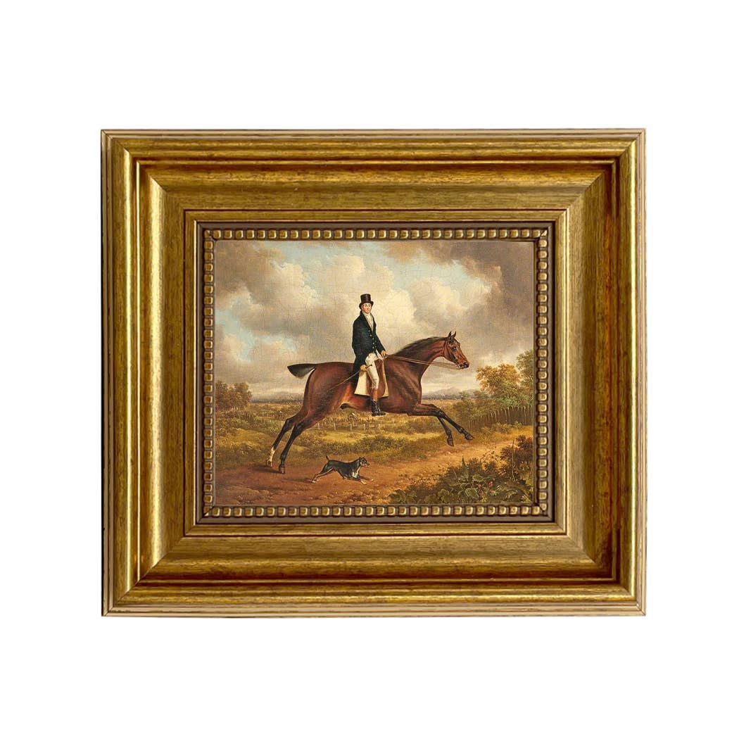 Down the Path Equestrian Fox Hunt Scene Oil Painting Print: Antiqued Gold / 8" x 10"