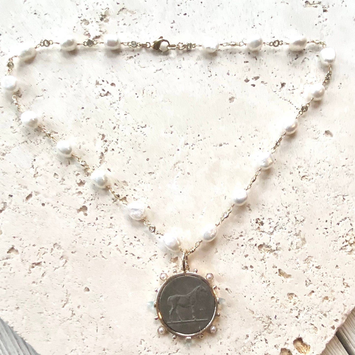 Horse Jewelry French Coin Medallion Equestrian Necklace: 20” / Reversible “le monde” pendant