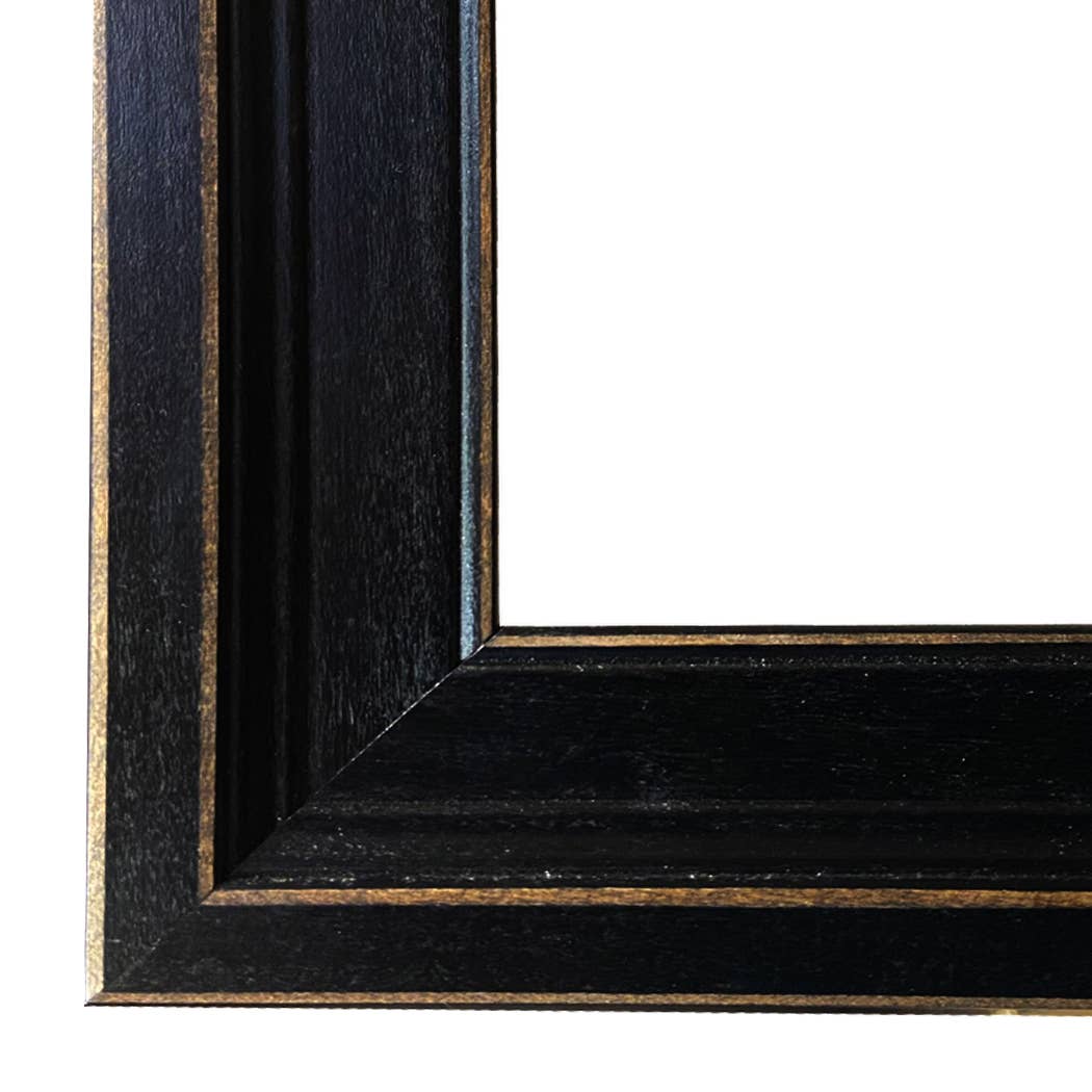 Dog and Horse at Stable Framed Painting Print on Canvas: Leather-look Black/Antiqued Gold / 5" x 6"