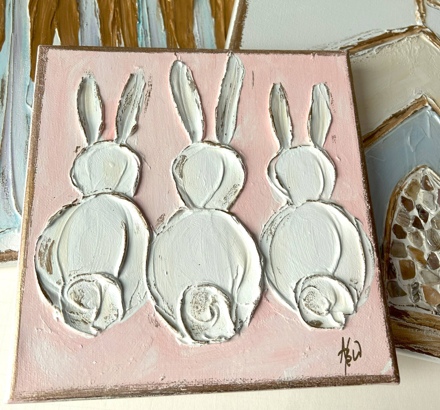 Bunny Trio  canvas  painted & textured  ~ Easter: Pink