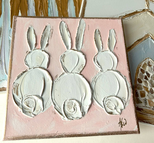 Bunny Trio  canvas  painted & textured  ~ Easter: Pink