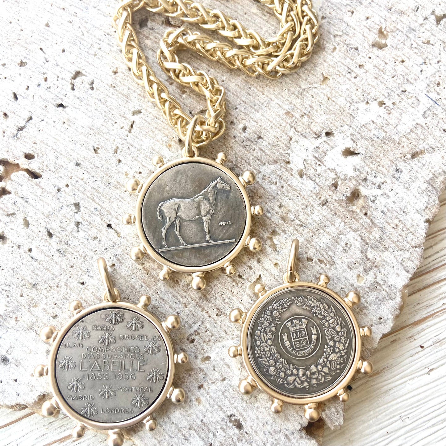 Matte Gold French Bee Coin Necklace