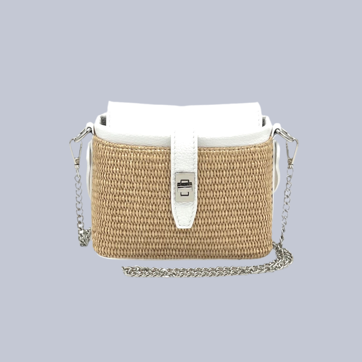 Summer collection, raffia and leather mini chain bag, Made in Italy, art. 112475: Camel