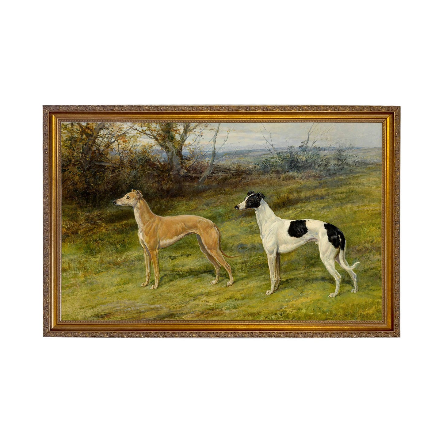 Two Greyhounds by Heywood Hardy Painting Print | Wall art: Ornate Antiqued Gold/Gesso / 7″ x 11″