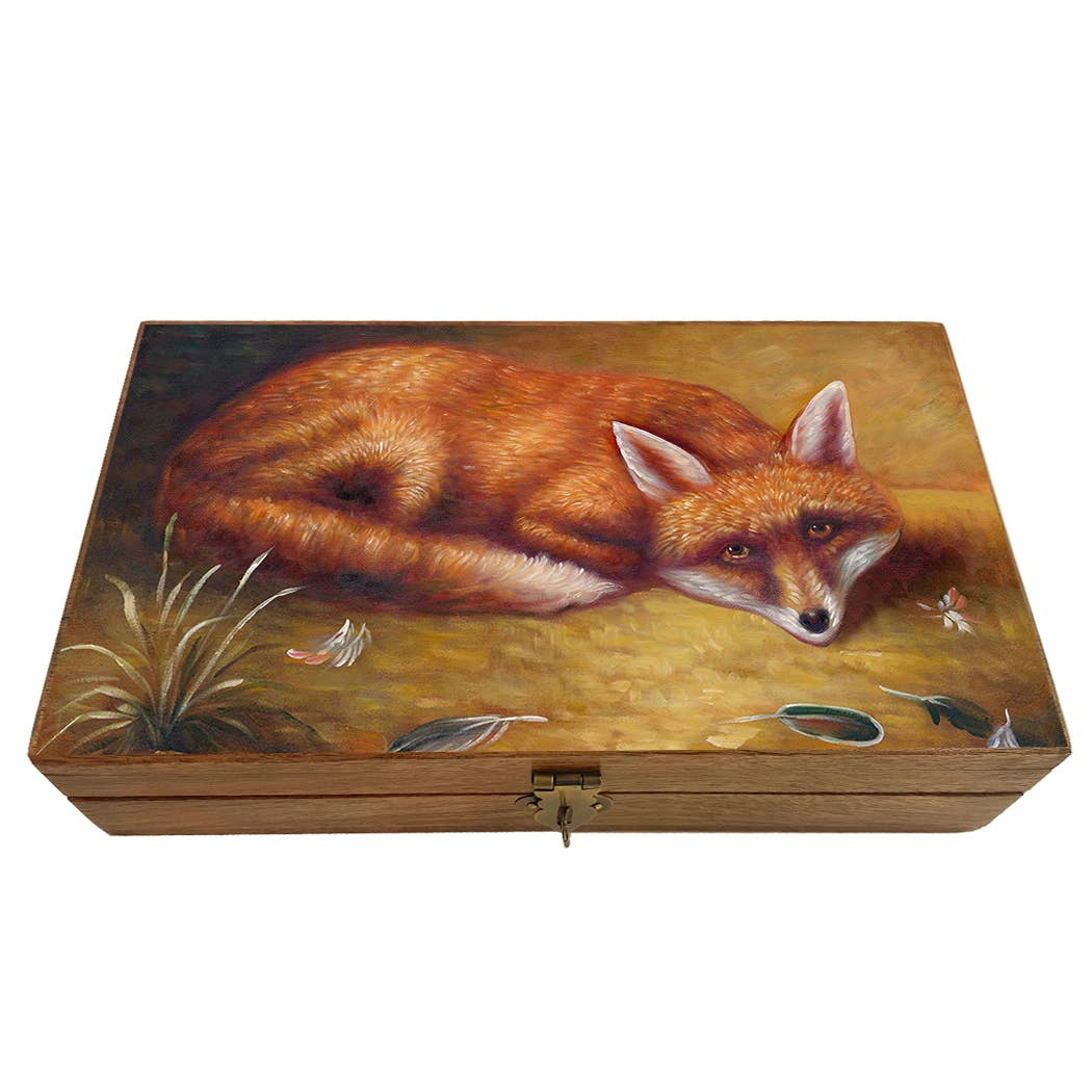 Fox's Meal Painting Reproduction Solid Wood Trinket Boxes: Wood and Glass