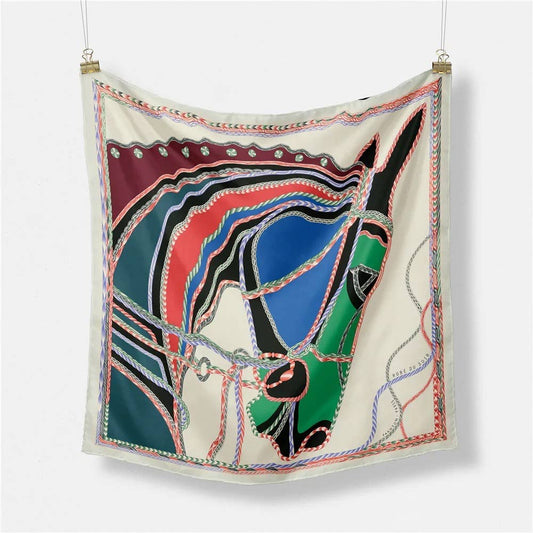 Equestrian Hunter Dressage Horse Print Satin Scarf 20”: Off White