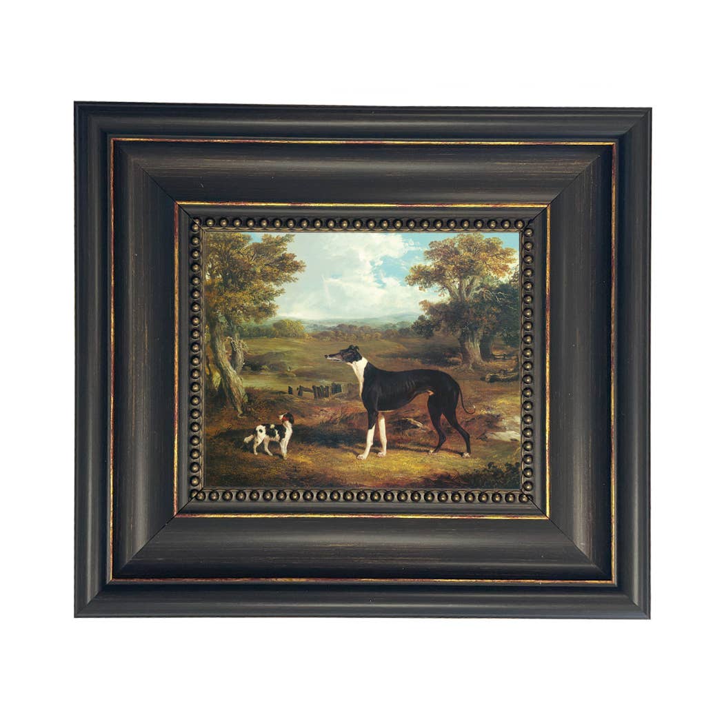 Greyhound and King Charles Spaniel Painting Print on Canvas: Wide Distressed Black/Copper-Bead / 5" x 6"