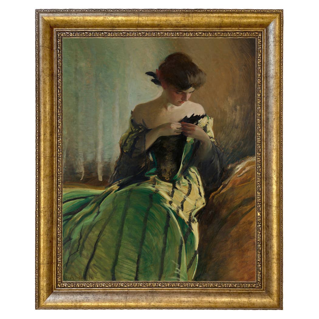 Woman in Black and Green Dress Vintage Canvas Painting Print: Ornate Antiqued Gold / 8" x 10"
