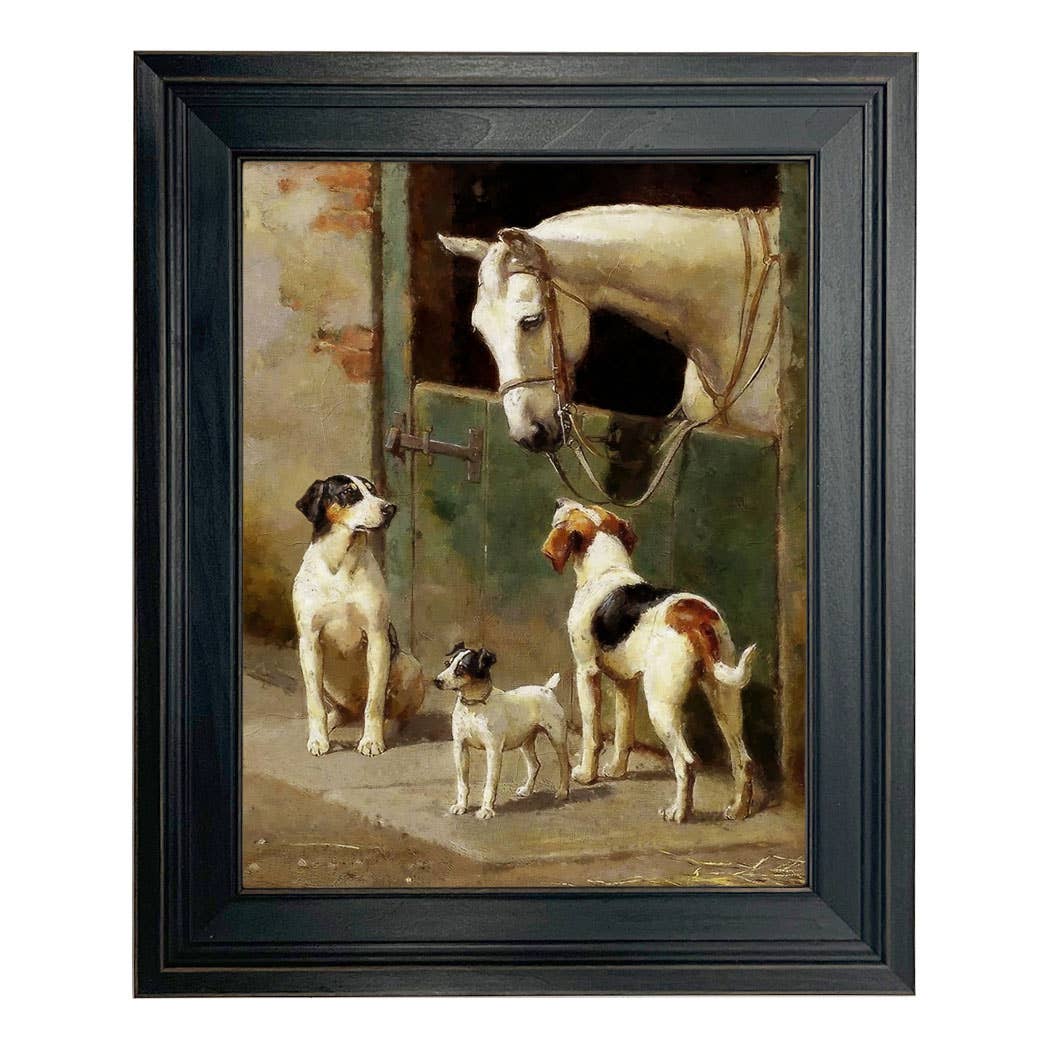 Dog and Horse at Stable Vintage Painting Print on Canvas: Leather-look Black/Antiqued Gold / 5" x 6"