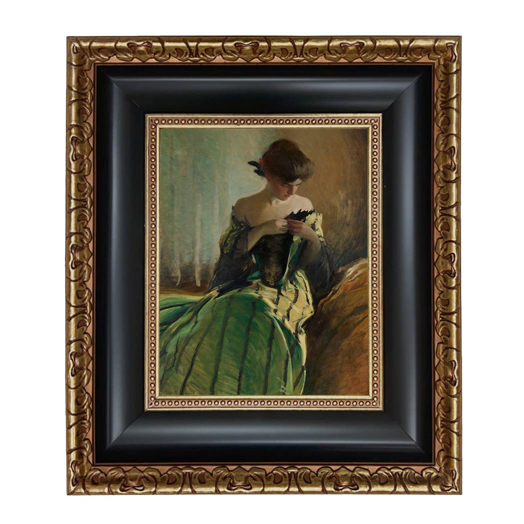 Woman in Black and Green Dress Vintage Canvas Painting Print: Ornate Antiqued Gold / 8" x 10"
