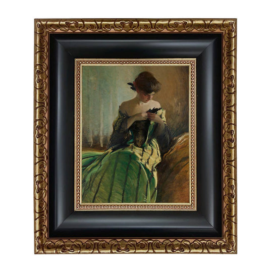 Woman in Black and Green Dress Vintage Canvas Painting Print: Ornate Antiqued Gold / 8" x 10"