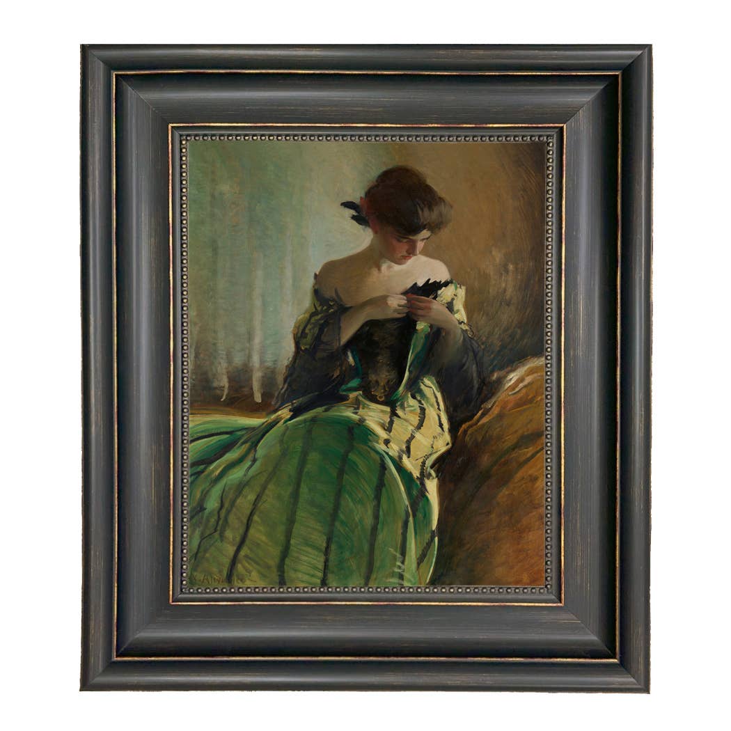 Woman in Black and Green Dress Vintage Canvas Painting Print: Ornate Antiqued Gold / 8" x 10"