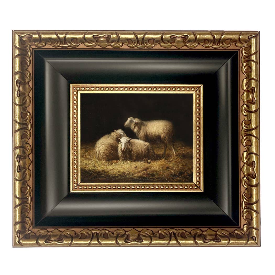Sheep in the Hay Framed Painting Print on Canvas: Black Distressed / 5" x 6"