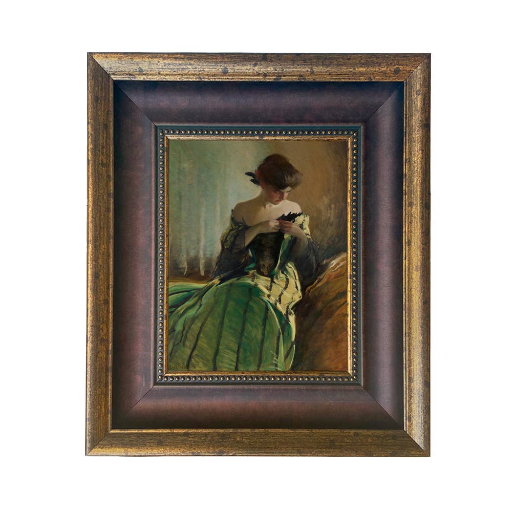 Woman in Black and Green Dress Vintage Canvas Painting Print: Ornate Antiqued Gold / 8" x 10"