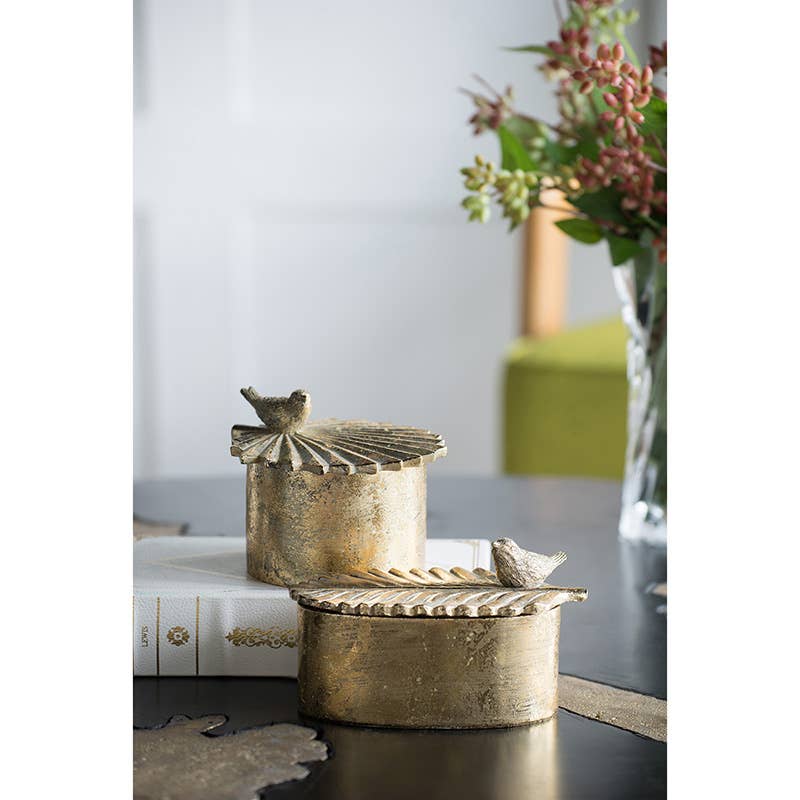 5x5x4" Resin Antique Gold Trinket Box with Bird Accents