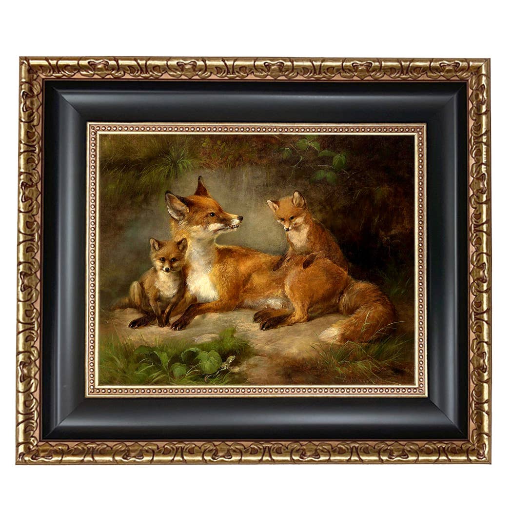 Family of Foxes Vintage Painting Print on Canvas Wall Art: Narrow Distressed Black/Copper-Bead / 5" x 6"