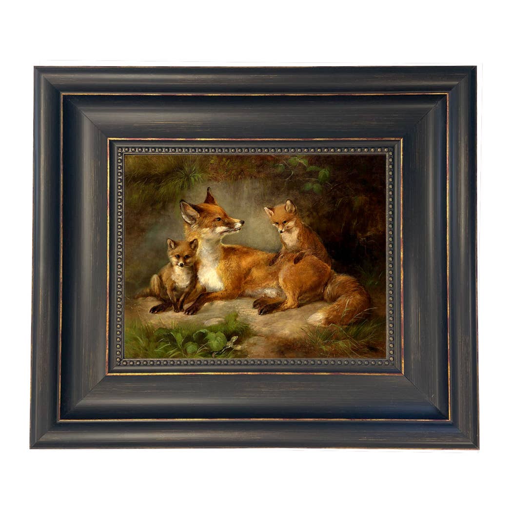 Family of Foxes Vintage Painting Print on Canvas Wall Art: Gold Florentine Leaf / 5" x 6"