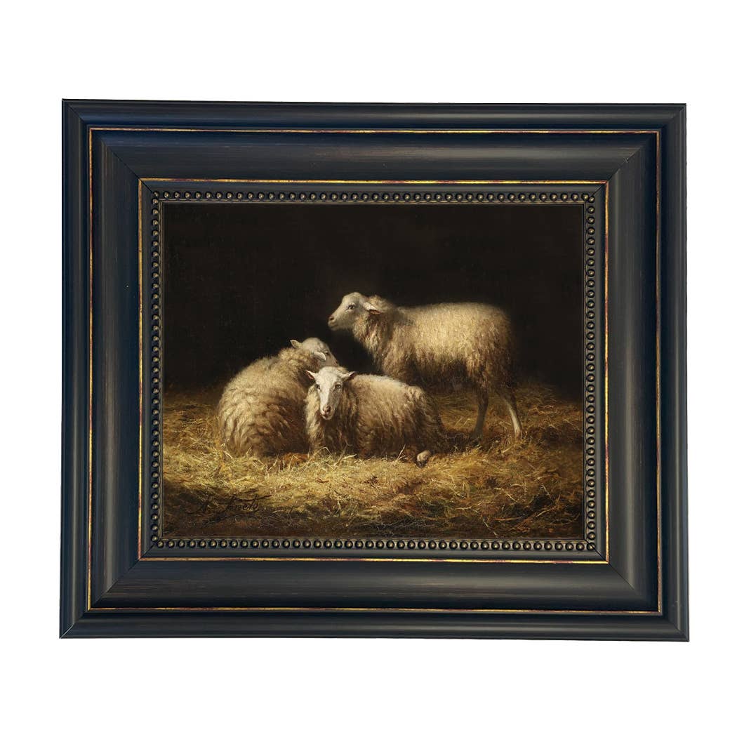 Sheep in the Hay Framed Painting Print on Canvas: Black Distressed / 5" x 6"