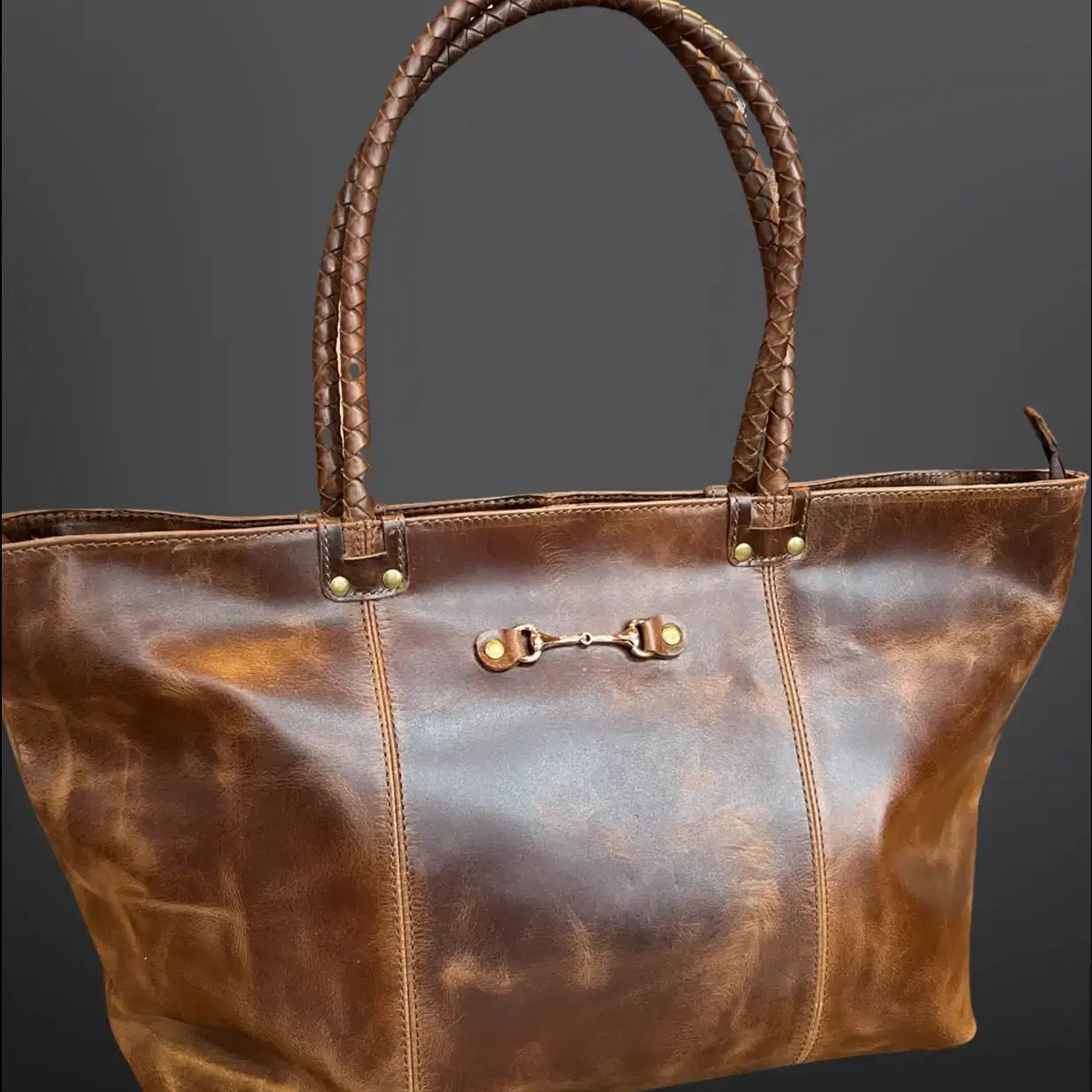 Equestrian Snaffle Bit Newmarket Leather Tote Bag Purse: Distressed Oakbark