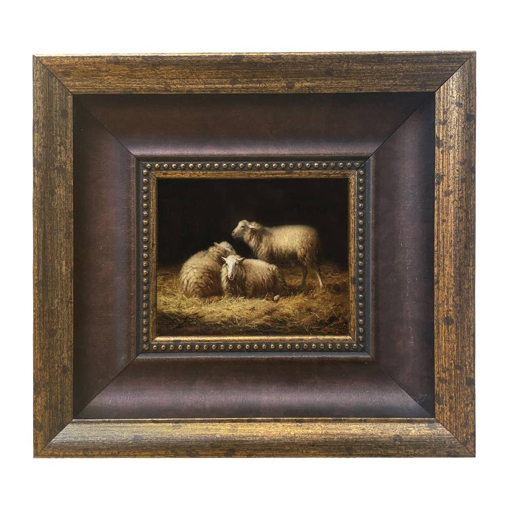 Sheep in the Hay Framed Painting Print on Canvas: Black Distressed / 5" x 6"