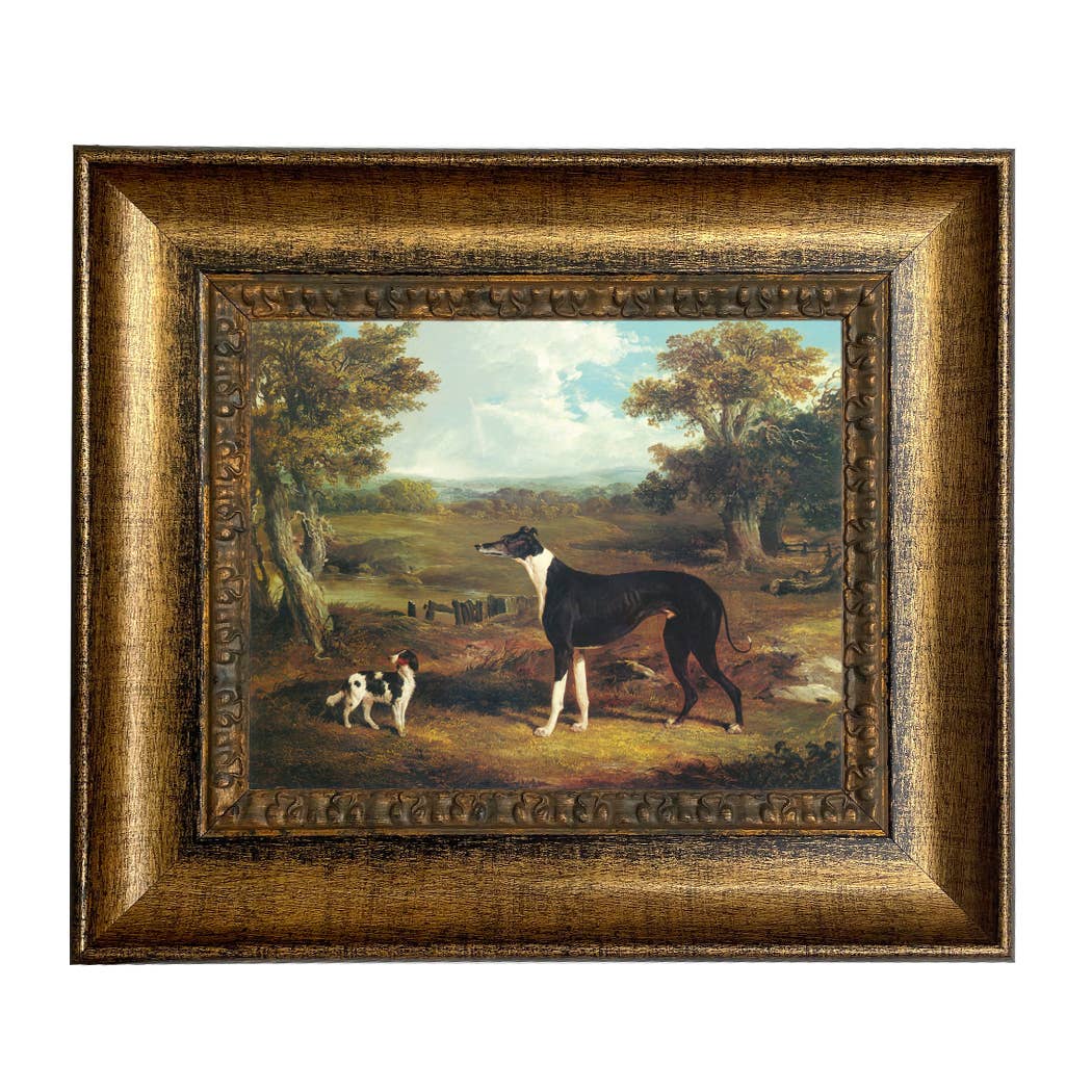 Greyhound and King Charles Spaniel Painting Print on Canvas: Wide Distressed Black/Copper-Bead / 5" x 6"