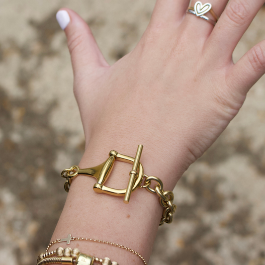 Equestrian Horse Bit Toggle Bracelet - 18k Gold Plated Stainless Steel - Toggle Closure