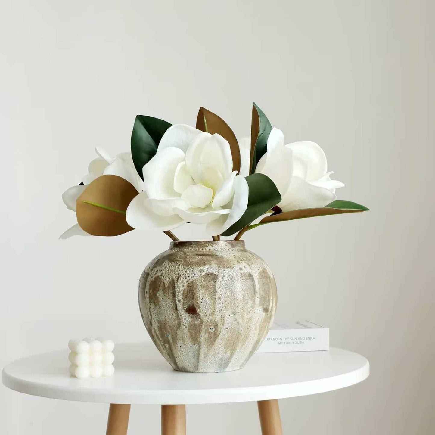 Realistic 6-8"Large bloom Magnolia Flower with Leaves: 15.75"Long