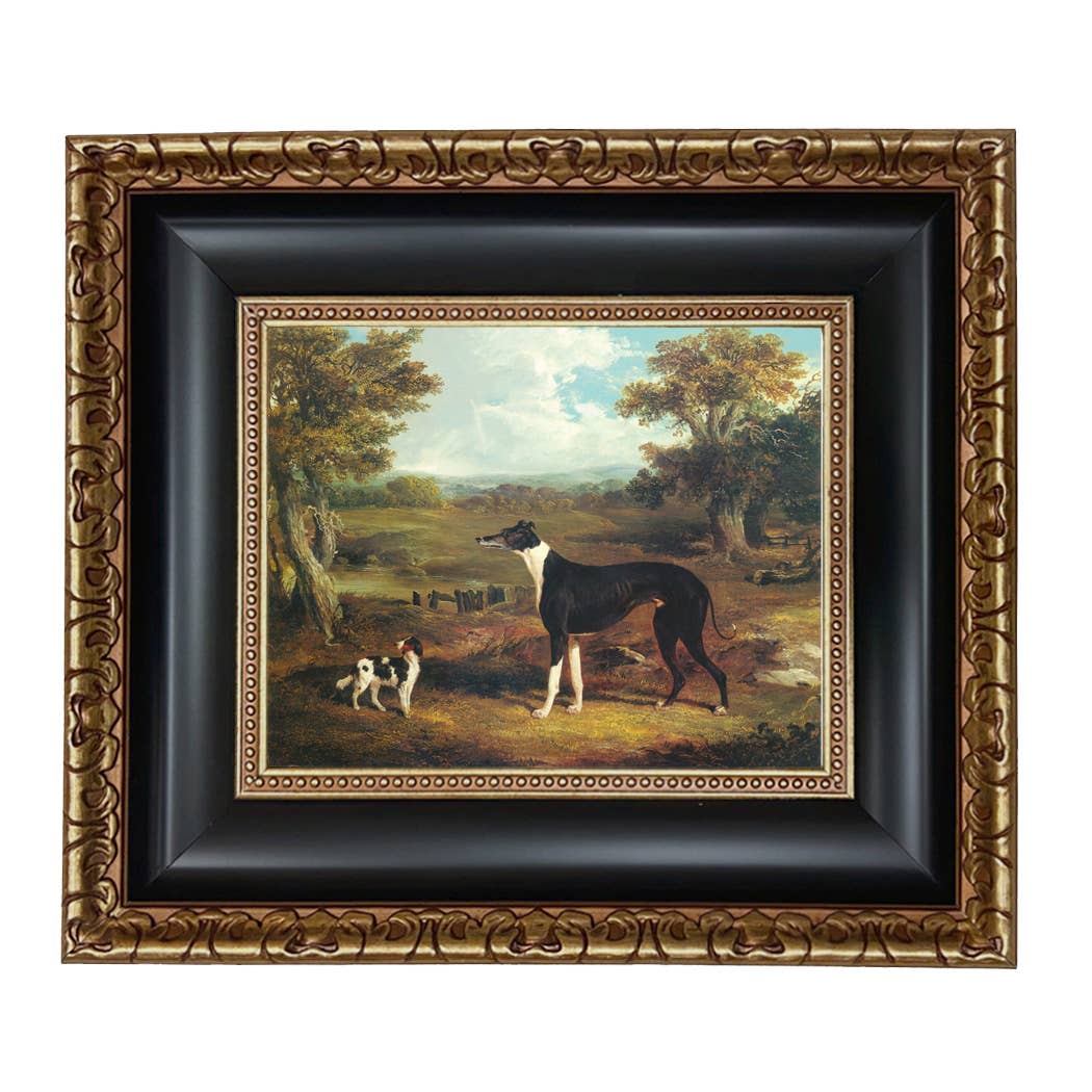 Greyhound and King Charles Spaniel Painting Print on Canvas: Wide Distressed Black/Copper-Bead / 5" x 6"