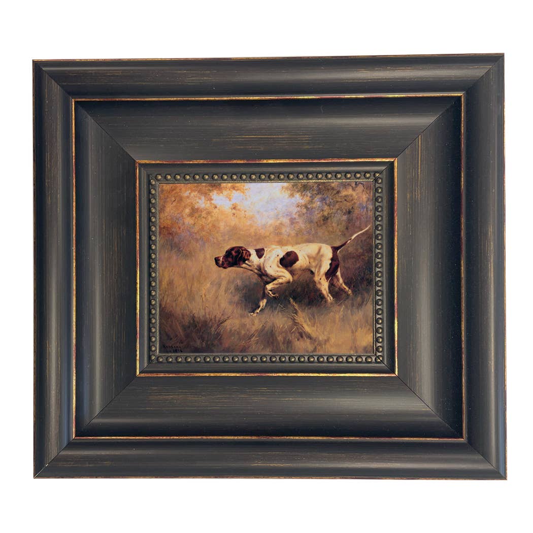 On Point English Pointer Framed Painting Print | Wall Art: Wide Distressed Black/Copper-Bead / 5" x 6"
