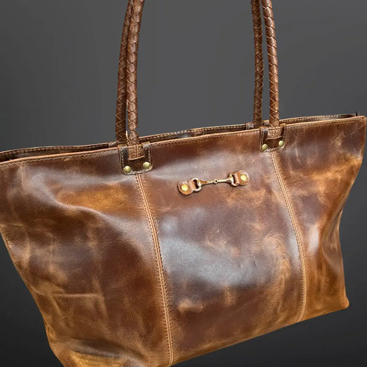 Equestrian Snaffle Bit Newmarket Leather Tote Bag Purse: Distressed Oakbark