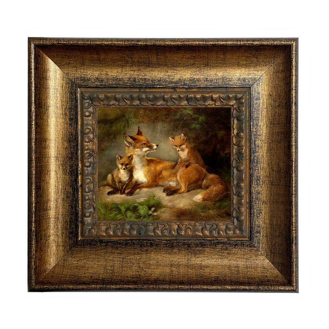 Family of Foxes Vintage Painting Print on Canvas Wall Art: Black Distressed / 5" x 6"