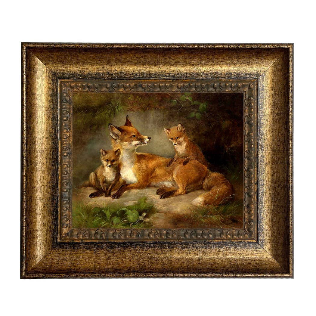 Family of Foxes Vintage Painting Print on Canvas Wall Art: Narrow Distressed Black/Copper-Bead / 5" x 6"