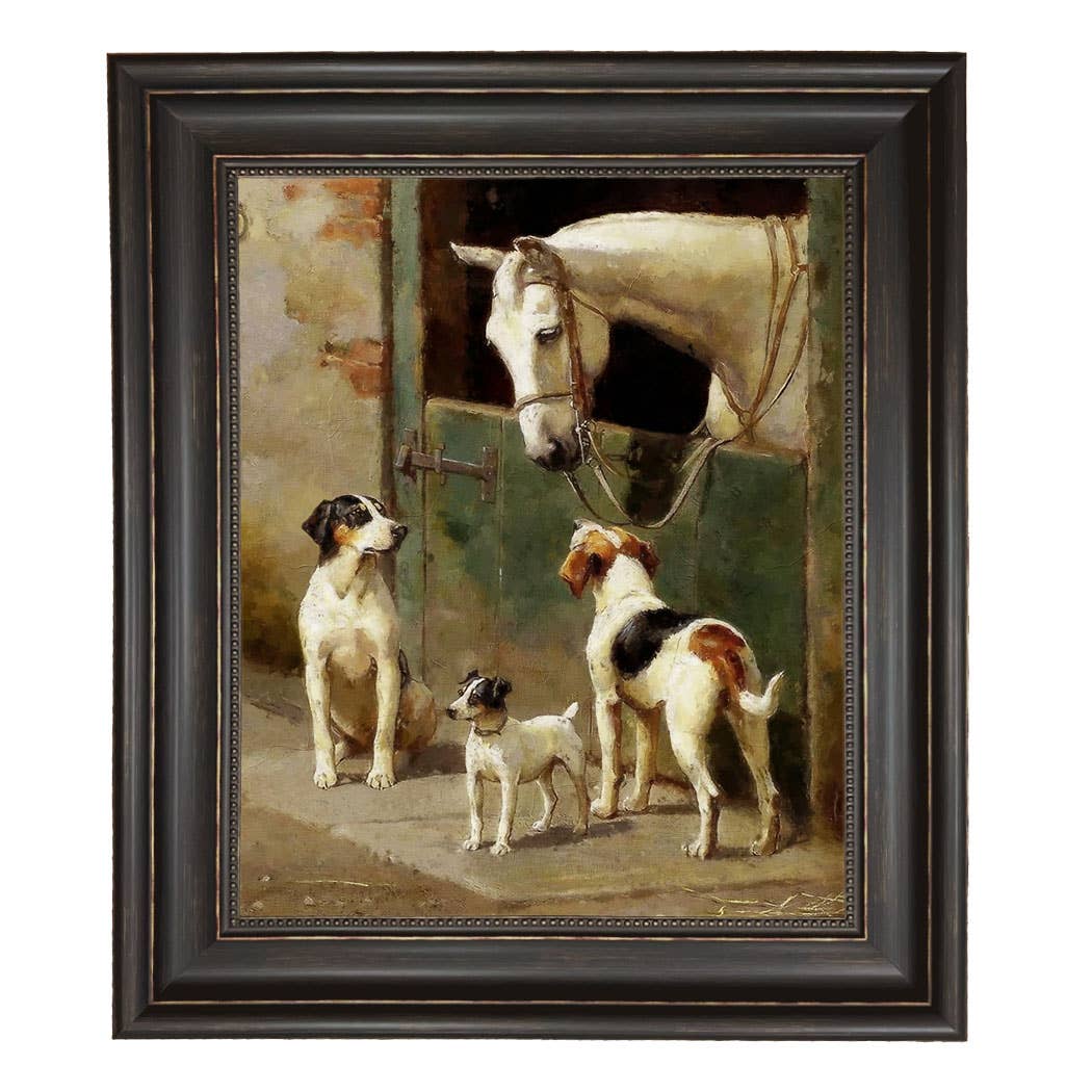 Dog and Horse at Stable Vintage Painting Print on Canvas: Leather-look Black/Antiqued Gold / 5" x 6"