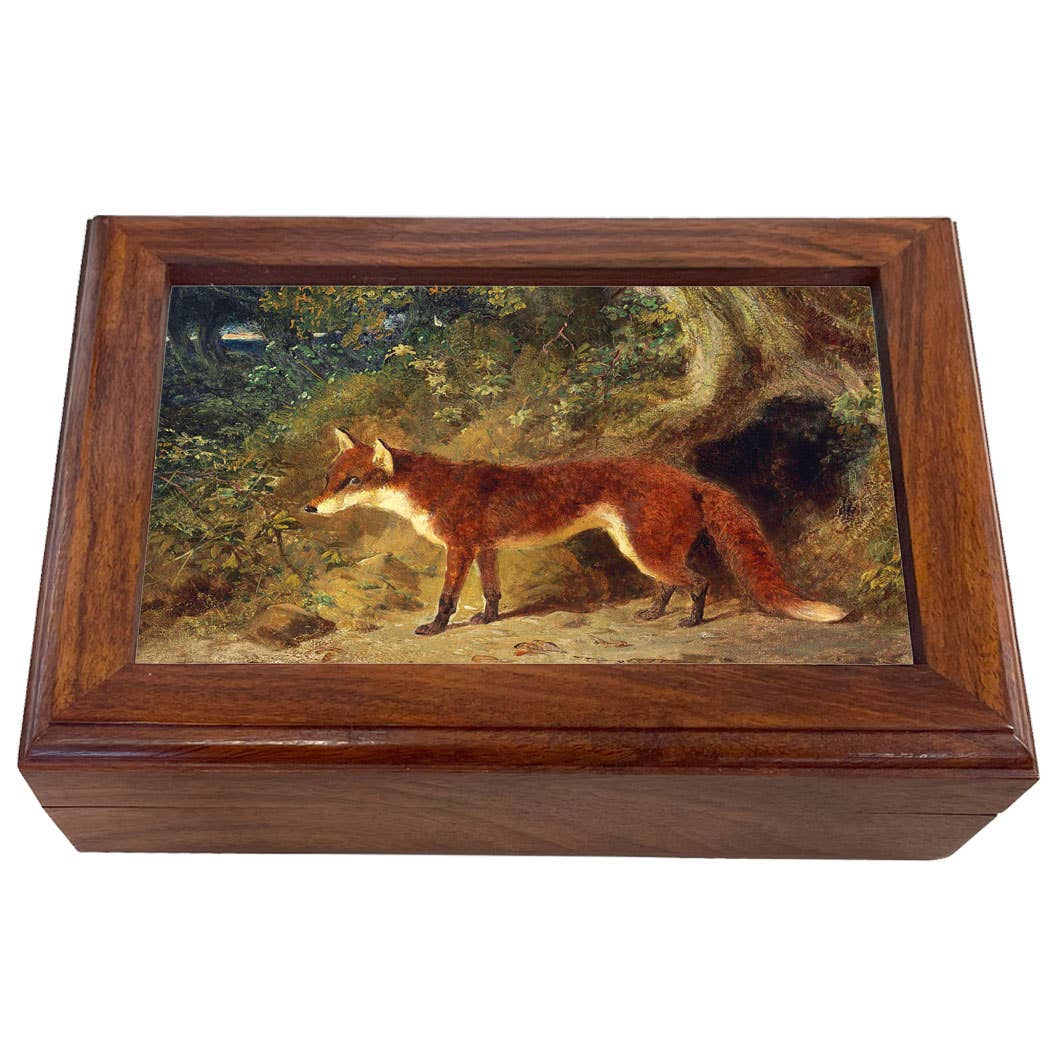 Fox & Feathers Equestrian Vintage Wood Trinket Box: Rustic wood / Medium