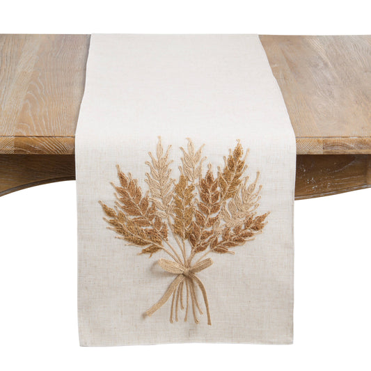 Embroidered Autumn Wheat Linen Blend Table Runner: Natural / 16"x70"