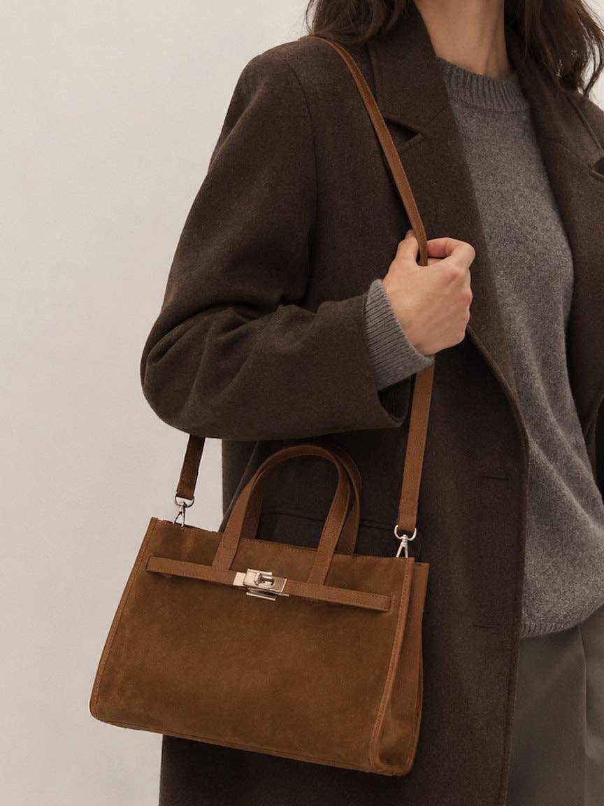 Suede and Genuine Leather Handbag with Crossbody Strap,  Made in Italy, art. 112782: Brown